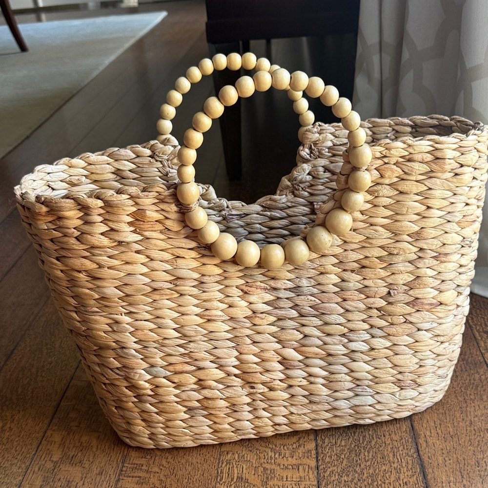a new day Natural Straw Tote with Wooden Bead Handles